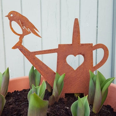Rusted Metal Robin On Watering Can